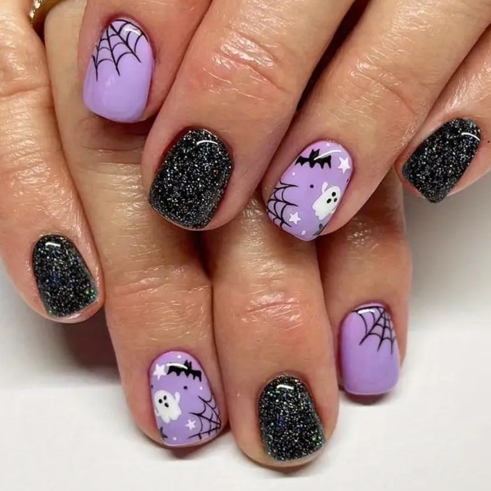 🎃 Halloween Press On Nails Black Glitter Spider Bats Ghost Manicure Nails Set